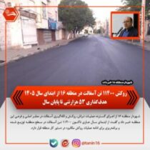 روکش ۱۱۴۰۰ تن آسفالت در منطقه ۱۶ از ابتدای سال ۱۴۰۵ / هدف‌گذاری ۵۳ هزار تنی تا پایان سال